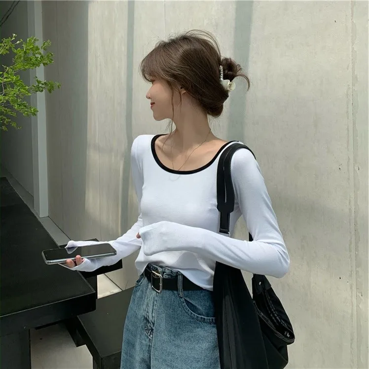 осенне-зимняя бархатная Однотонная футболка с длинным рукавом, Женская футболка Harajuku в корейском стиле С круглым вырезом, Повседневные тонкие Утепленные футболки, черный Топ y2k