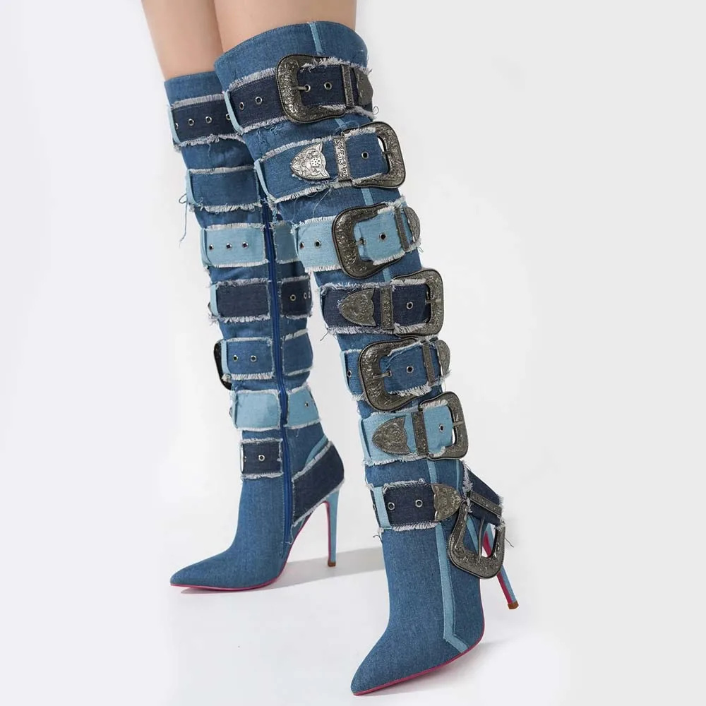 Изготовленные на заказ Металлические пряжки для ремня, Женские сапоги выше колена, Тонкие каблуки, Джинсовые длинные пинетки, Сексуальные Панковские синие модельные туфли на шпильке