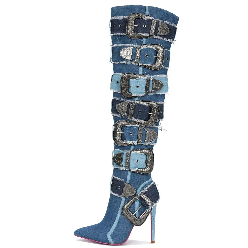 Изготовленные на заказ Металлические пряжки для ремня, Женские сапоги выше колена, Тонкие каблуки, Джинсовые длинные пинетки, Сексуальные Панковские синие модельные туфли на шпильке
