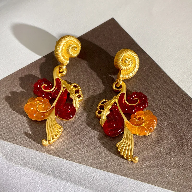 Праздничные серьги с золотыми раковинами в дворцовом стиле, оранжевые серьги с имитацией стеклянных цветов