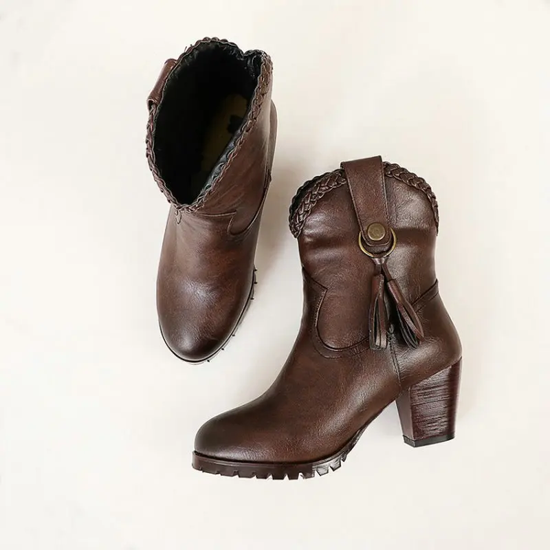 2020 г. коричневые женские ботинки с круглым носком на высоком массивном каблуке в стиле ретро с кисточкой, большие размеры 46 47 48, роскошная женская обувь, ботильоны