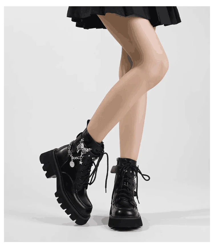 Черные ботинки Martin в стиле знаменитостей для девочек, увеличивающие рост, короткие ботинки из натуральной кожи с бабочкой на толстой подошве