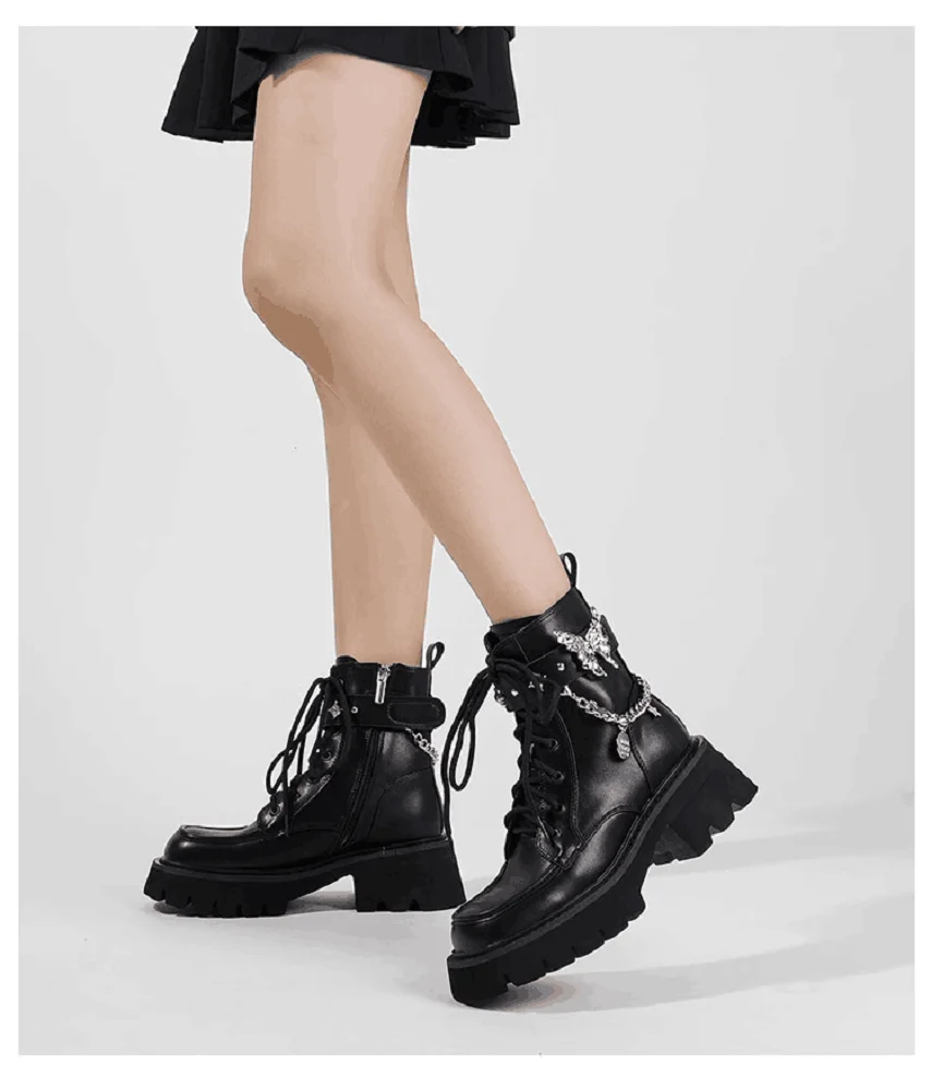 Черные ботинки Martin в стиле знаменитостей для девочек, увеличивающие рост, короткие ботинки из натуральной кожи с бабочкой на толстой подошве