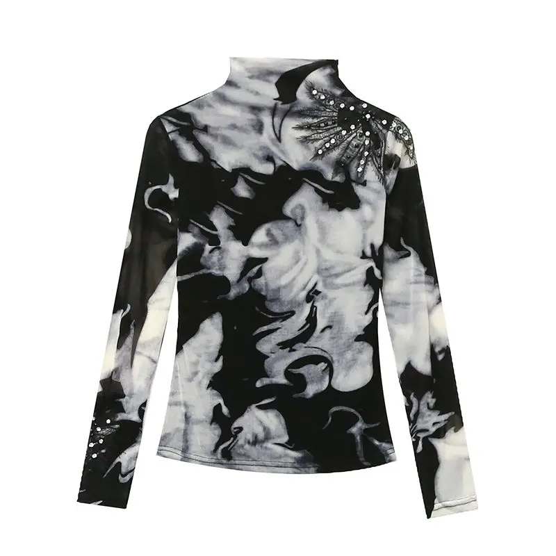 M-3XL Весенние новые женские топы с цветочной вышивкой, модная повседневная водолазка с длинным рукавом, открытая сетчатая футболка с горячими бриллиантами