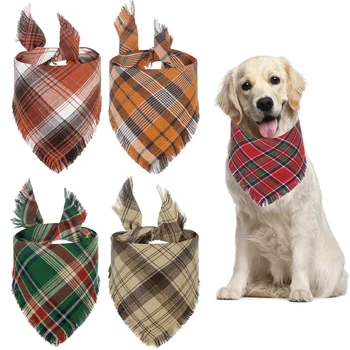 Банданы для собак с кисточками по краям, стильный клетчатый шарф для домашних животных, осенний День Благодарения, Рождественские праздничные треугольные нагрудники для собак среднего размера
