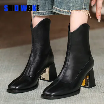 SDWK 7 см, Новые осенние женские сапоги из эластичной тонкой кожи с низкой посадкой, квадратный носок, молния сзади, короткие сапоги в британской моде для женщин