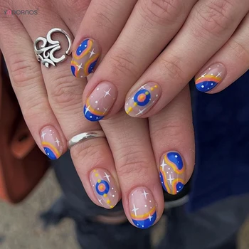 24шт Синий Френч-пресс на Ногтях Звездный Дизайн Короткие Миндалевидные Накладные Ногти Типсы для Женщин DIY Маникюр Полное Покрытие Накладные Ногти Искусство