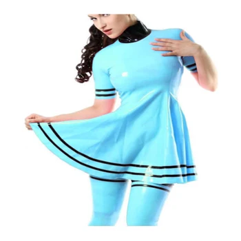 Латексные платья Резиновая Небесно-голубая юбка с коротким рукавом 0,4 мм S-XXL для женщин