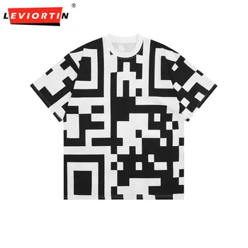 Футболка оверсайз в стиле хип-хоп, хлопковые футболки с QR-кодом с полным принтом, короткий рукав, мужская летняя мода 2023 года, свободный топ в стиле харадзюку, уличная одежда