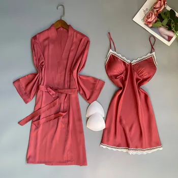 Ночная рубашка, пижамы, халат, летнее кружевное кимоно, халат-халат, сексуальное красное атласное белье, ночная рубашка на подтяжках.