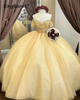 Желтое Бальное Платье Quinceanera Dresses 2024 С Открытыми Плечами, Блестящие Бусины И Кристаллы, Милое 16 Платье Cutom-Made Vestidos De 15 Anos