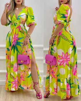 2023 Африканские платья для женщин, летнее длинное платье Макси с V-образным вырезом, сексуальное модное платье с коротким рукавом и принтом, одежда в африканском стиле