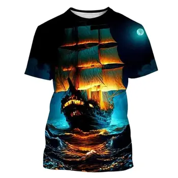 Прохладная летняя мужская футболка с коротким рукавом в стиле научной фантастики, пиратская лодка, 3D принт, круглый вырез, спортивная Свободная повседневная футболка большого размера, быстросохнущая