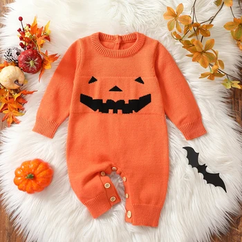 Детский комбинезон с круглым вырезом и длинными рукавами, вязаный комбинезон, свитер с улыбающимся лицом, одежда для малышей на Хэллоуин