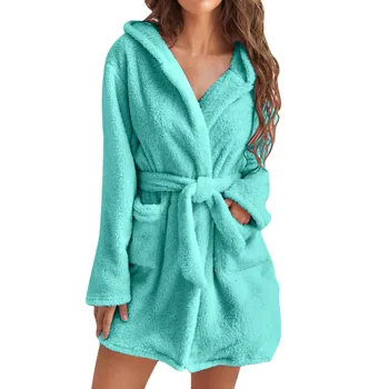 Женская с капюшоном флис халат легкий, мягкий, плюшевые пижамы с заправкой двойной карман чистый цвет мягкая женская ночная рубашка