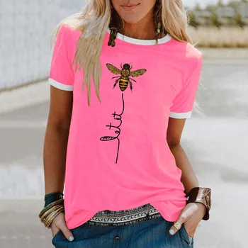 Женские тренировочные рубашки Женские Летние повседневные футболки с круглым вырезом и веселым принтом Пчелы, короткий рукав, Контрастные цвета, футболка с длинным рукавом, V-образный вырез