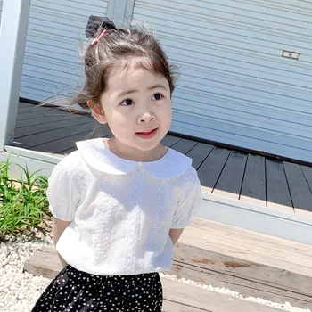 Детская белая верхняя одежда с кукольным вырезом, милая футболка с коротким рукавом для девочек, Корейская Детская Белая нижняя рубашка для девочек, стильная верхняя одежда для девочек
