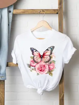 Женская хлопковая футболка с коротким рукавом с милым рисунком, цветочная бабочка, однотонная одежда Y2K, повседневное уличное платье, топ