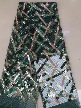 2022 Африканское кружево Высококачественная французская кружевная ткань и блестки Зеленая Африканская кружевная ткань для нигерийского свадебного платья J3513