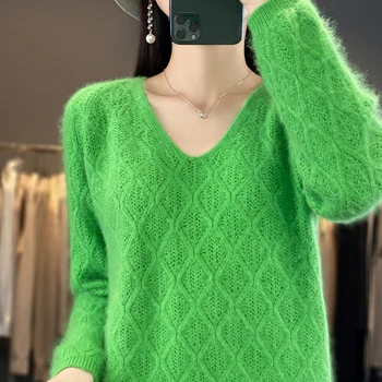 Весенне-летний женский Корейский вязаный кашемировый свитер с V-образным вырезом в стиле ретро из норки, модный повседневный пуловер, модный топ с полой сеткой