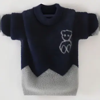 Шерстяной свитер для мальчиков Вязаный крючком Хлопковое вязание 2023 Медведь Теплый Утепленный Весна-зима Подростковые топы Детская одежда