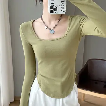 женская футболка оверсайз с длинным рукавом, весна-осень 2023, корейский стиль, однотонные Студенческие топы с длинным рукавом, модная футболка Оверсайз