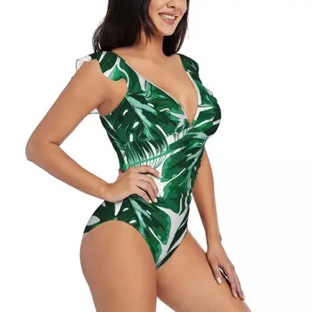 Цельный купальник с оборками, женский Тропический пальмовый лист, Листья джунглей, сексуальный купальник-Монокини на шнуровке, пляжный купальник для девочек