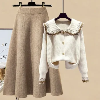 Осенне-зимний женский комплект Большого размера 2024, Новый Свободный свитер, Уменьшающий возраст, Приталенная юбка С высокой талией, Комплект из двух предметов Для