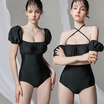 2024 Новый женский цельный купальник чистого цвета с короткими рукавами и открытыми плечами, пляжная одежда в корейском стиле, Монокини в винтажном стиле