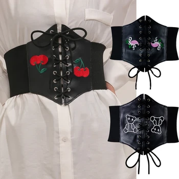 Готические Широкие эластичные корсеты с вышивкой вишневого фламинго под грудью для женщин VD3473 из искусственной кожи, черный винтажный корсет, пояс для горсета