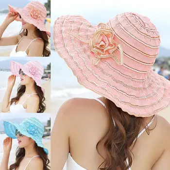 Солнцезащитная кепка яркого цвета с защитой от ультрафиолета, складной декор в виде цветка и банта, женская пляжная шляпа с широкими полями, модные аксессуары