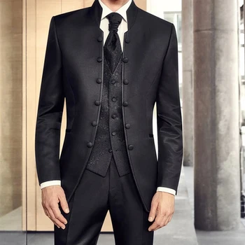 Черная мужская туника, свадебный смокинг для жениха с воротником-стойкой, официальные деловые мужские костюмы из 3 предметов, смокинг для курения с брюками