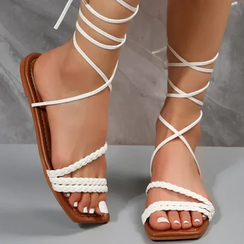 Женская обувь 2024, Летние Модные Сандалии На плоской подошве С Открытым Носком, Пикантные Однотонные Пляжные Сандалии на шнуровке для Женщин, Zapatillas De Mujer