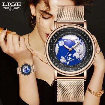 Бренд LIGE Модные Роскошные Женские часы с сетчатым ремешком Ультратонкие водонепроницаемые кварцевые часы для женщин Creative Earth Повседневные женские часы