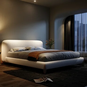 Кровать из плюшевой ткани Silent Wind с ягненком в главной спальне Свадебная кровать с ножками из орехового дерева