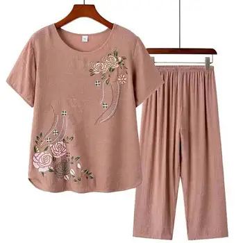 Женская футболка с коротким рукавом, топ, брюки с цветочным принтом, свободная одежда для отдыха, домашняя одежда, хлопковая пижама, Комплекты женской пижамы большого размера