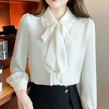 Галстук-бабочка Белая шифоновая рубашка 2023 Весна Лето Корейская модная блузка Кружевная Элегантная с длинным рукавом для женской повседневной одежды