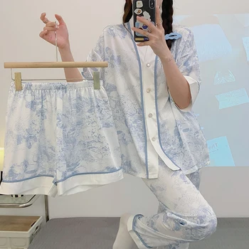 Пижамный комплект Ice Silk из 3 предметов для женщин Осень Весна Ins Модные женские пижамы Домашняя одежда Пижамный комплект с мягкими цветами Наряды