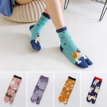 1 пара женских носков на два пальца с мультяшными животными, Японское кимоно, хлопчатобумажные носки с раздельным носком, Таби, Милый средний носок-трубочка