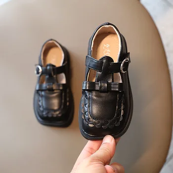Детская кожаная обувь принцессы на 1 2 3 4 5 6 лет для маленькой девочки; новинка осени 2021 года; детская модная повседневная обувь в стиле ретро с бантом; цвет черный