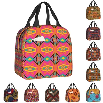 Африканская Племенная ткань в стиле Анкары, Розовые Термоизолированные сумки для ланча, Женские сумки с геометрическим этническим искусством, Портативная сумка для ланча, Коробка для еды