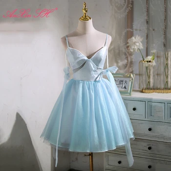 AnXin SH принцесса небесно-голубой атласный ремешок на бретельках, расшитый бисером, жемчуг, маленький бантик, короткое вечернее платье для невесты, маленькое голубое платье