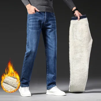 Классические зимние мужские теплые деловые джинсы, Модный повседневный стиль, стрейчевые хлопковые Толстые флисовые джинсовые брюки, мужские брендовые брюки