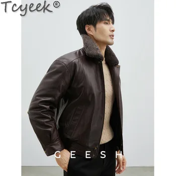Tcyeek 2023, новые мужские куртки из натуральной кожи, мужская одежда, осенне-зимнее пальто из овчины, подкладка из гусиного пуха, куртка с шерстяным воротником