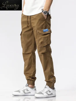 2023 Новые летние мужские брюки-карго с несколькими карманами, повседневные облегающие джоггеры для бега, Модные хлопчатобумажные рабочие брюки с завязками, мужская уличная одежда
