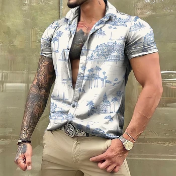 Мужские рубашки Летняя гавайская рубашка с изображением кокосовой пальмы и 3D-печати, уличная одежда с короткими рукавами, топы Оверсайз для мужчин