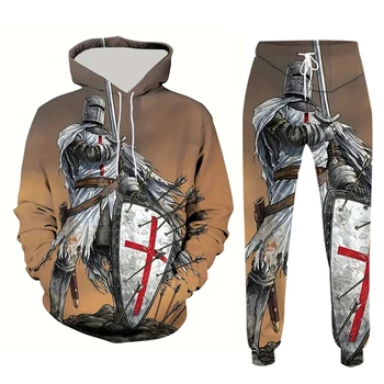 Военный рыцарь Король Пуловер из двух частей с 3D принтом в стиле ретро Мужская спортивная одежда Модная мужская осенне-зимняя повседневная уличная толстовка Плюс