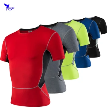 Сжатие 2019 беговые рубашка с коротким рукавом бег футболка тренажерный зал фитнес одежда сетки лоскутное дышащий быстрый сухой спортивная одежда