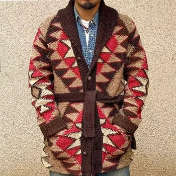 Мужской ретро-сверхпрочный жаккардовый свитер - Утолщенный вязаный кардиган средней длины с вышитыми деталями для осени и зимы