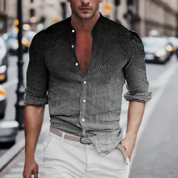 Модные мужские рубашки с градиентом, весенняя однобортная рубашка Henley с длинным рукавом, повседневная деловая одежда, стильная пляжная одежда для отдыха